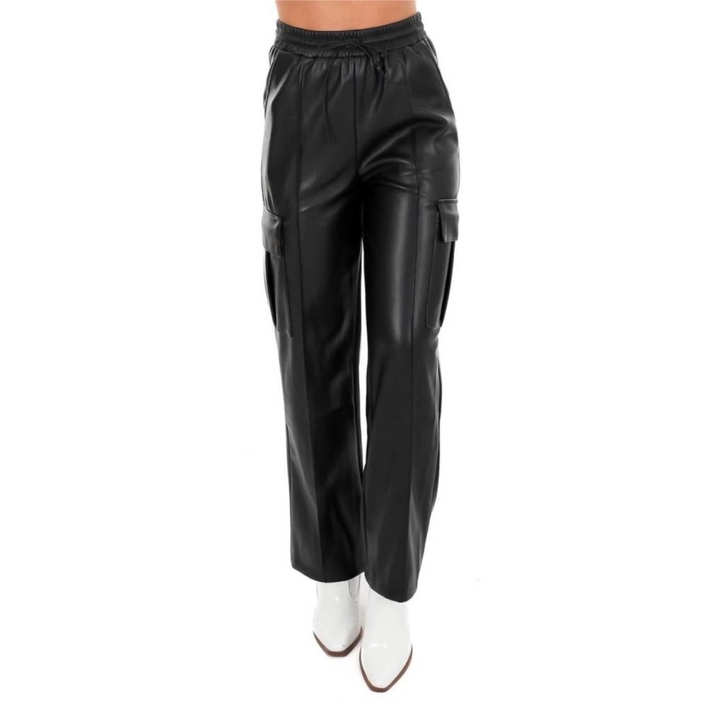 NEW AARON & AMBER Black Faux Leather Cargo Pants Sz Large